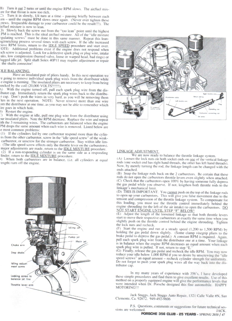 Jack Staggs carburetor balancing and engine tuning article, page 2 — two columns of typeset text with a small carburetor line drawing in the lower right corner.