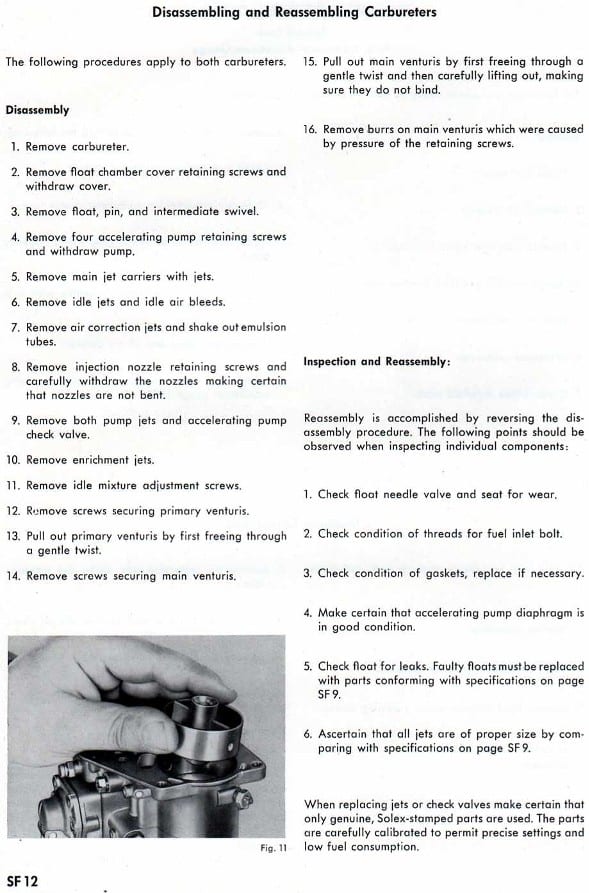 Solex fuel system workshop manual page SF 12 — disassembly and reassembly procedure text with a photograph of a carburetor being worked on by hand