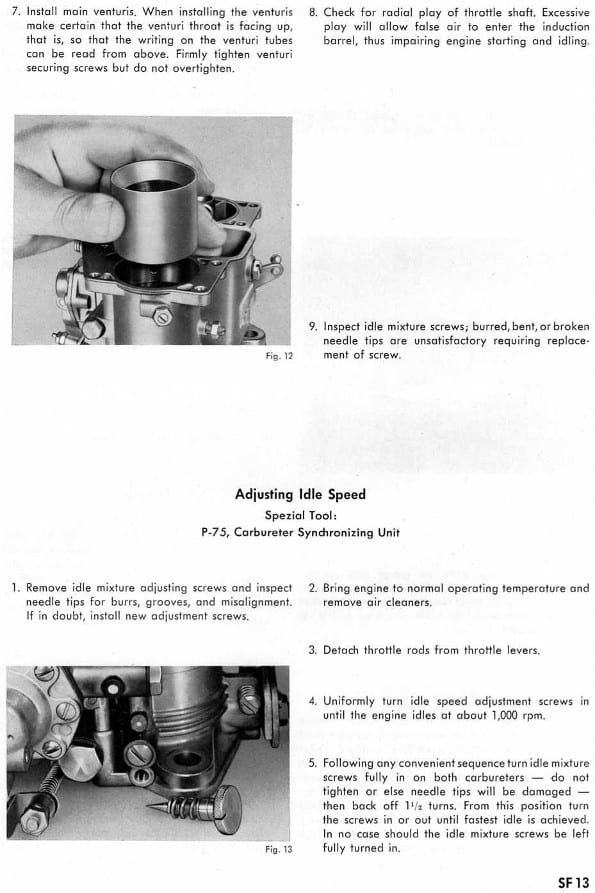 Solex fuel system workshop manual page SF 13 — venturi installation and idle speed adjustment text with two photographs of carburetor servicing