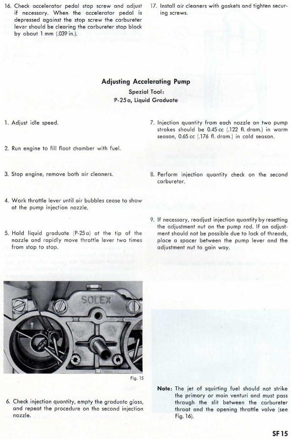 Solex fuel system workshop manual page SF 15 — accelerating pump adjustment procedure text with a photograph of a Solex-stamped carburetor