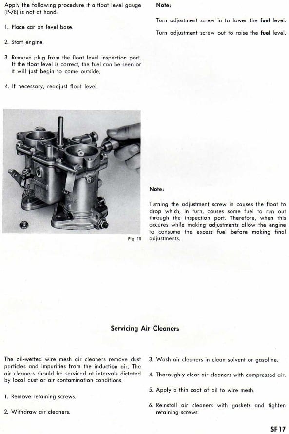 Solex fuel system workshop manual page SF 17 — float level readjustment and air cleaner servicing text with a photograph of a twin carburetor
