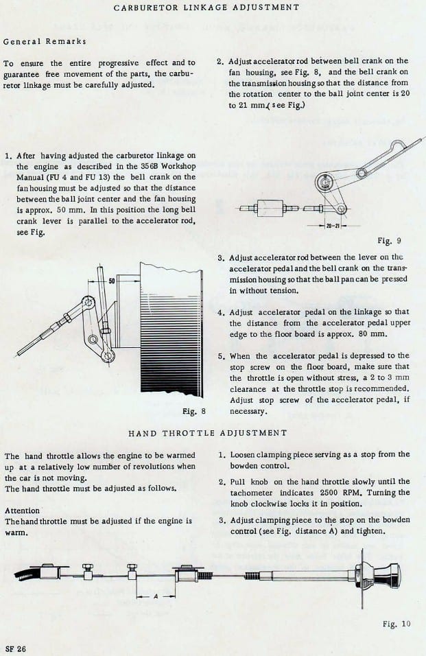Solex fuel system workshop manual page SF 26 — carburetor linkage and hand throttle adjustment text with bell crank diagrams and a throttle cable diagram