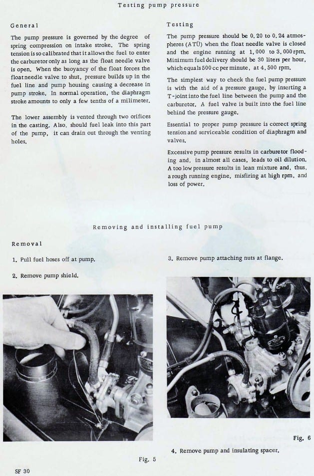 Solex fuel system workshop manual page SF 30 — testing pump pressure and removing the fuel pump text with photographs of the fuel pump on the engine