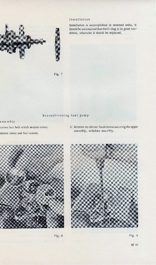 Solex fuel system workshop manual page SF 31 — fuel pump installation and reconditioning text with an exploded diagram and two halftone disassembly photographs
