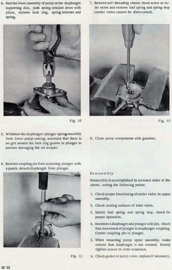 Solex fuel system workshop manual page SF 32 — fuel pump reconditioning and reassembly procedure with photographs of pump disassembly steps