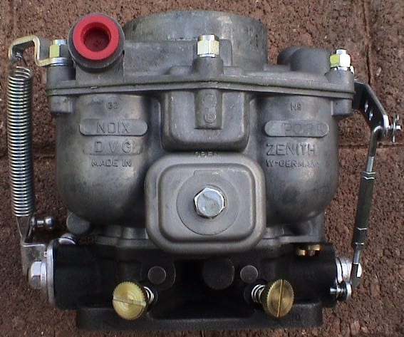 Front view of a restored Zenith 32 NDIX carburetor showing the NDIX and Zenith W-Germany casting markings.