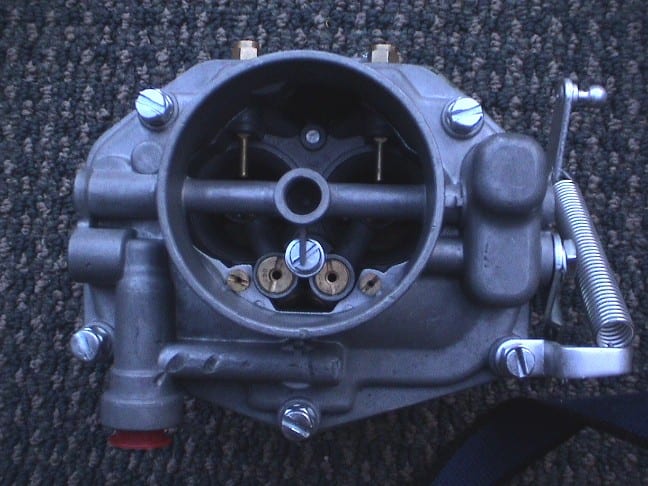 Top view of a Zenith 32 NDIX carburetor showing the twin throats and venturis.