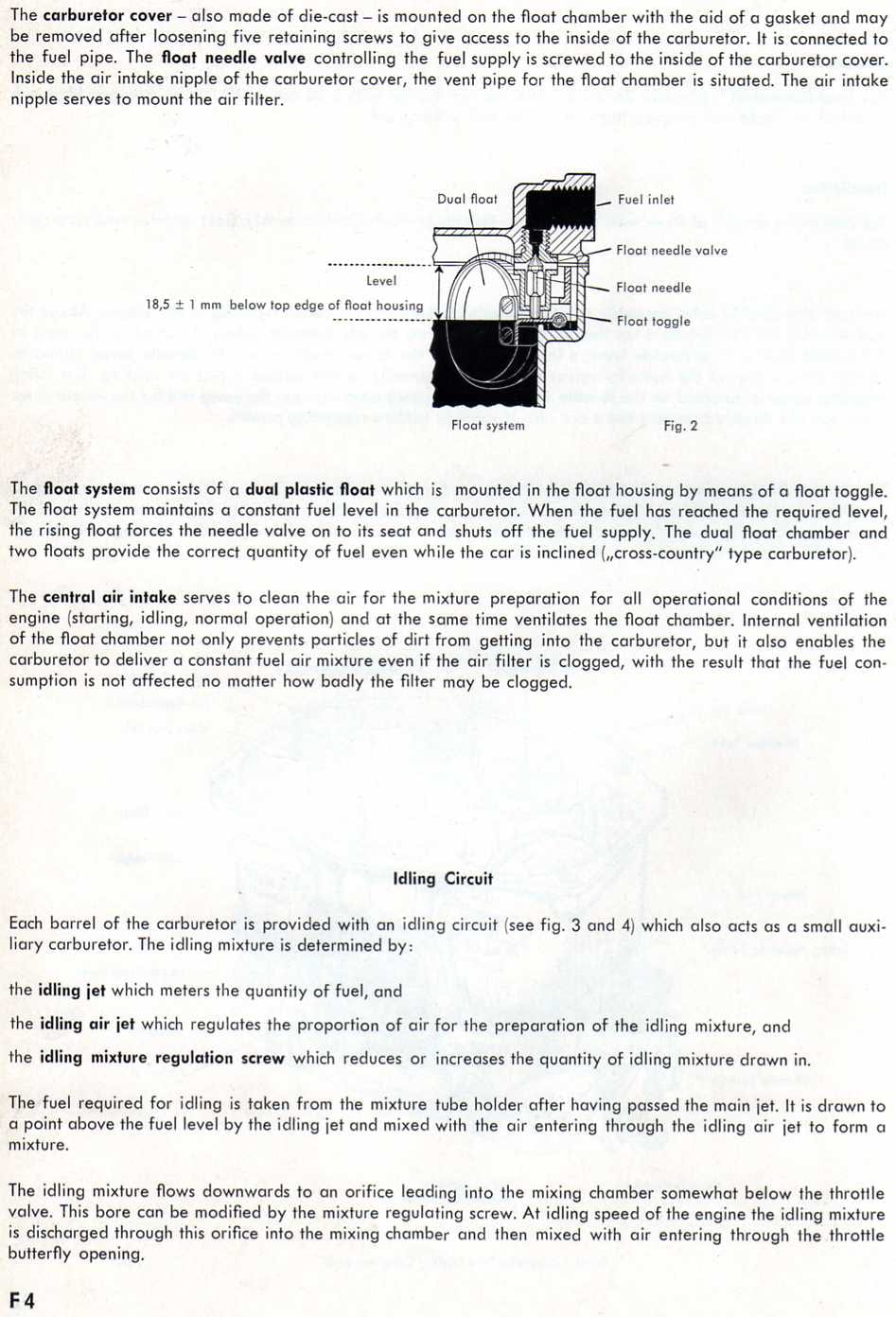 Zenith 32 NDIX workshop manual page F4 — text on the carburetor cover, float system and idling circuit with a cutaway diagram of the float system (Fig. 2)