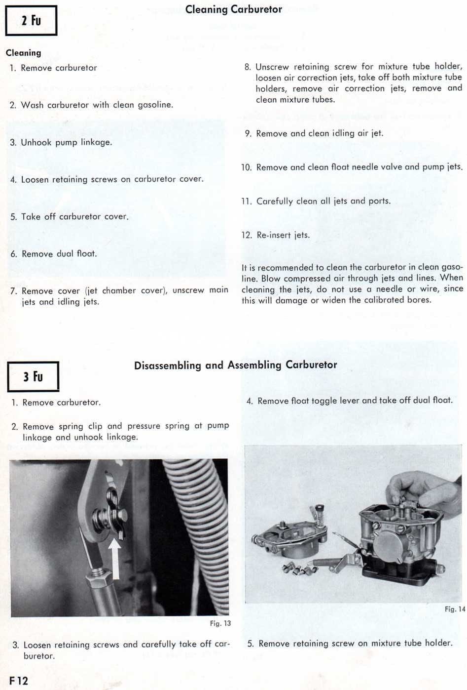 Zenith 32 NDIX workshop manual page F12 — Cleaning and Disassembling the carburetor instructions with two photographs (Figs. 13 and 14)