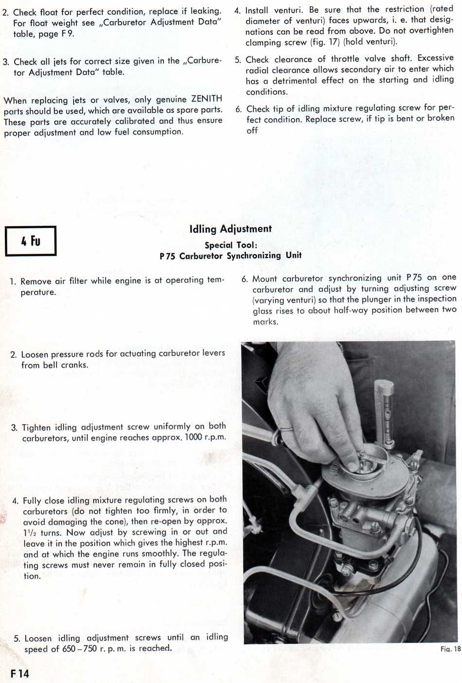Zenith 32 NDIX workshop manual page F14 — inspection and Idling Adjustment instructions with a photograph of the synchronizing unit in use (Fig. 18)