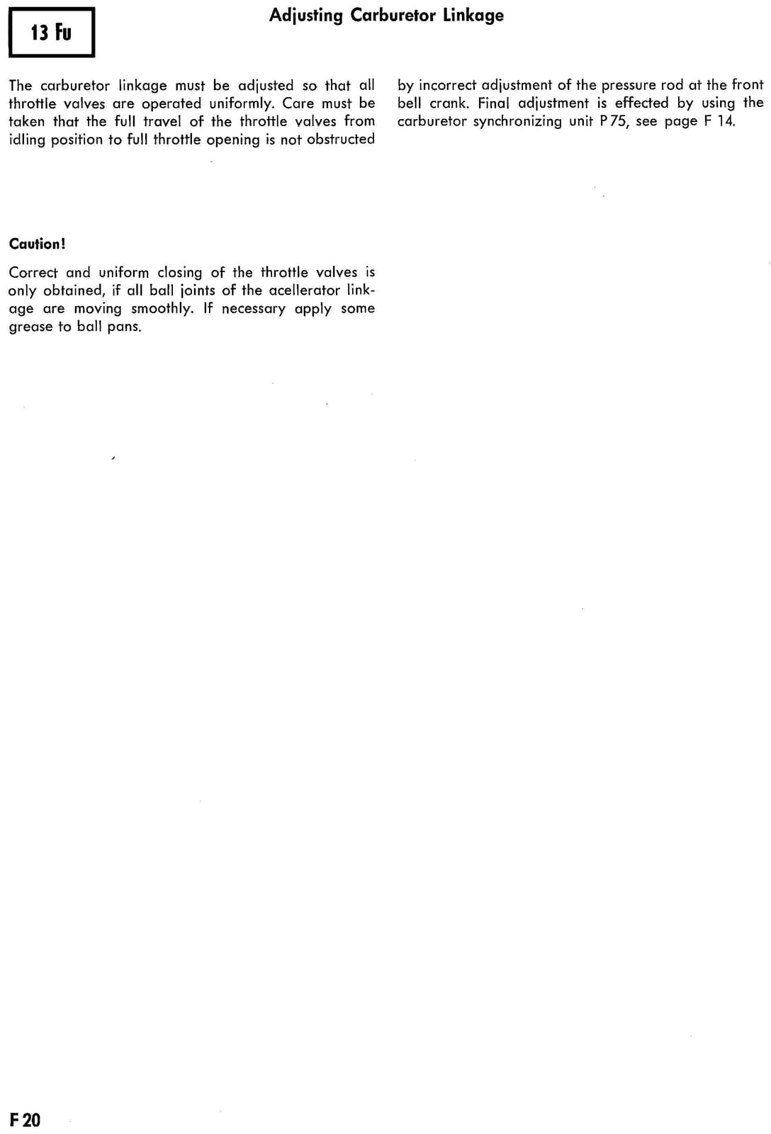 Zenith 32 NDIX workshop manual page F20 — Adjusting Carburetor Linkage text instructions with a caution note